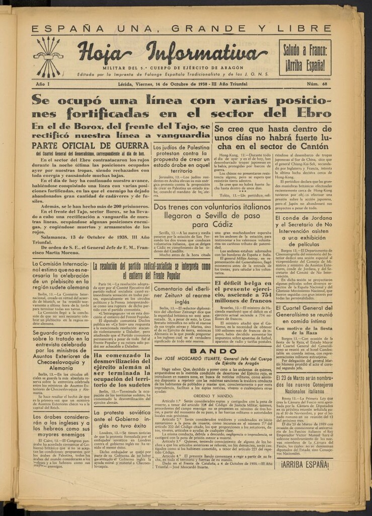 Miniatura de Hoja informativa : militar del 5º Cuerpo del Ejército de Aragón del 14 de octubre de 1938, nº 68