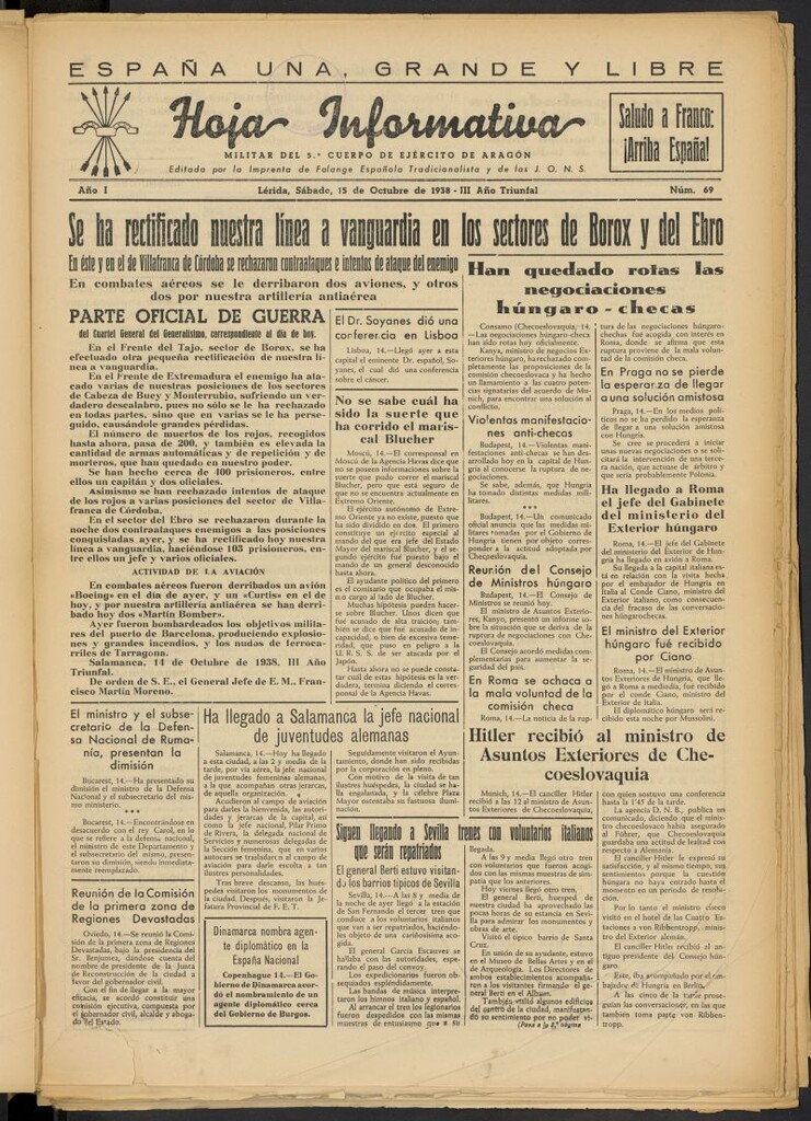 Miniatura de Hoja informativa : militar del 5º Cuerpo del Ejército de Aragón del 15 de octubre de 1938, nº 69