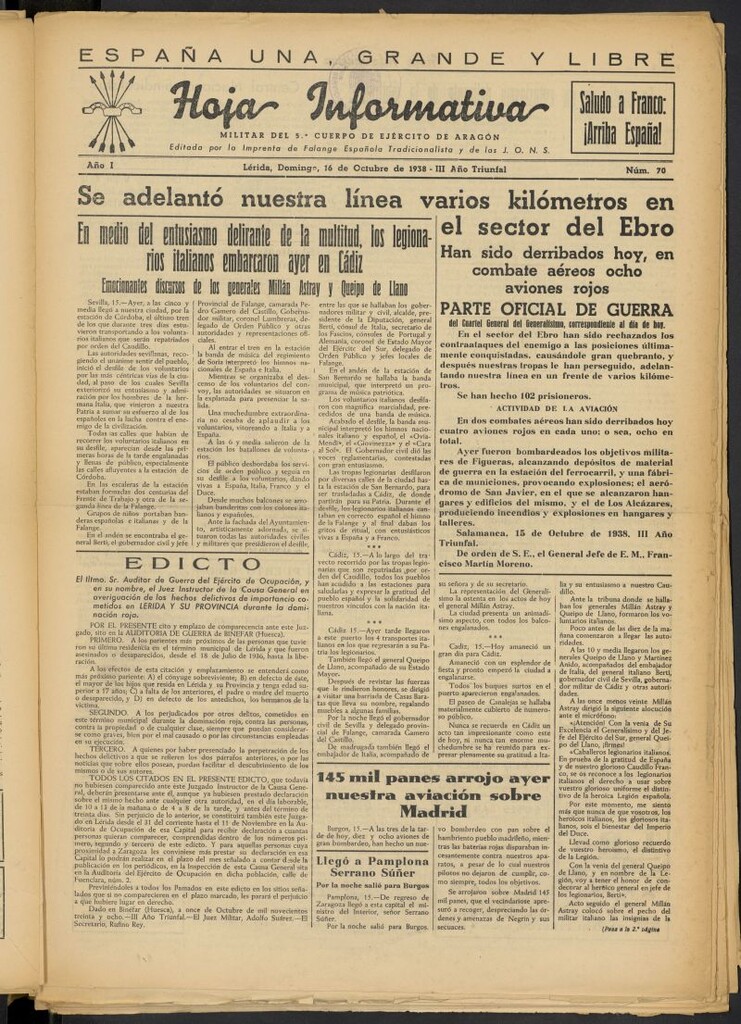 Miniatura de Hoja informativa : militar del 5º Cuerpo del Ejército de Aragón del 16 de octubre de 1938, nº 70