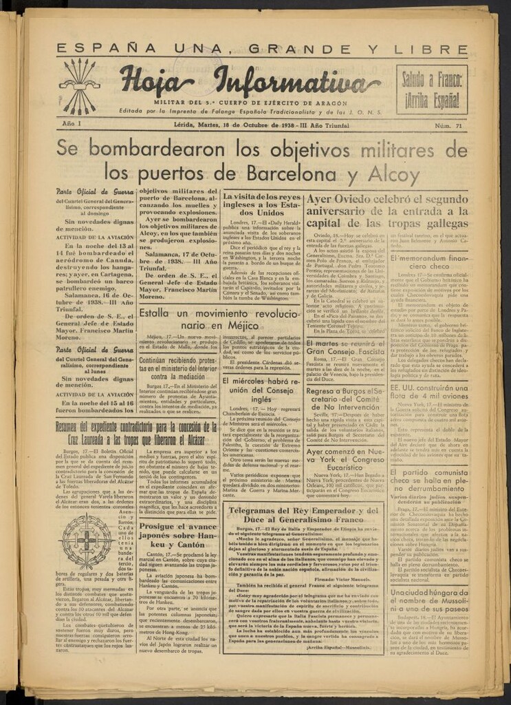 Miniatura de Hoja informativa : militar del 5º Cuerpo del Ejército de Aragón del 18 de octubre de 1938, nº 71