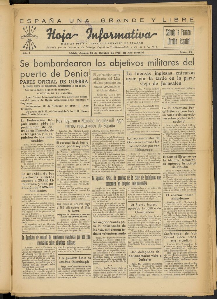 Miniatura de Hoja informativa : militar del 5º Cuerpo del Ejército de Aragón del 20 de octubre de 1938, nº 73