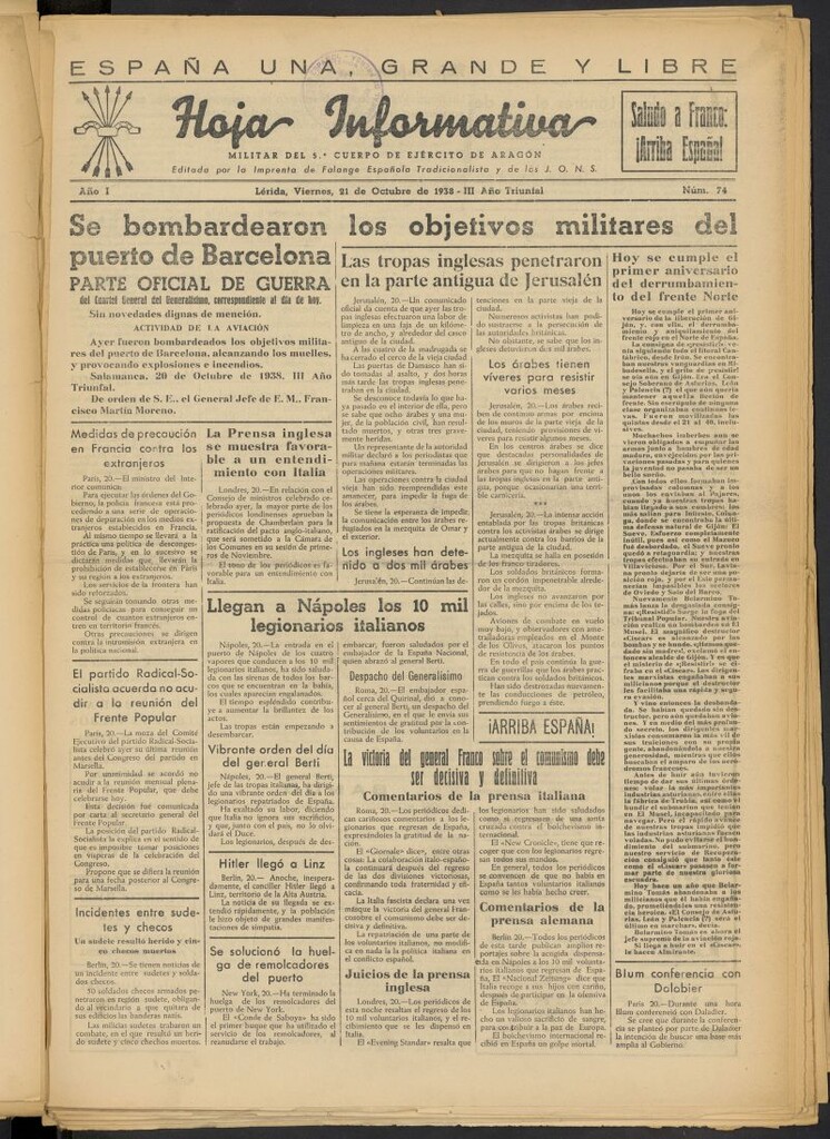 Miniatura de Hoja informativa : militar del 5º Cuerpo del Ejército de Aragón del 21 de octubre de 1938, nº 74