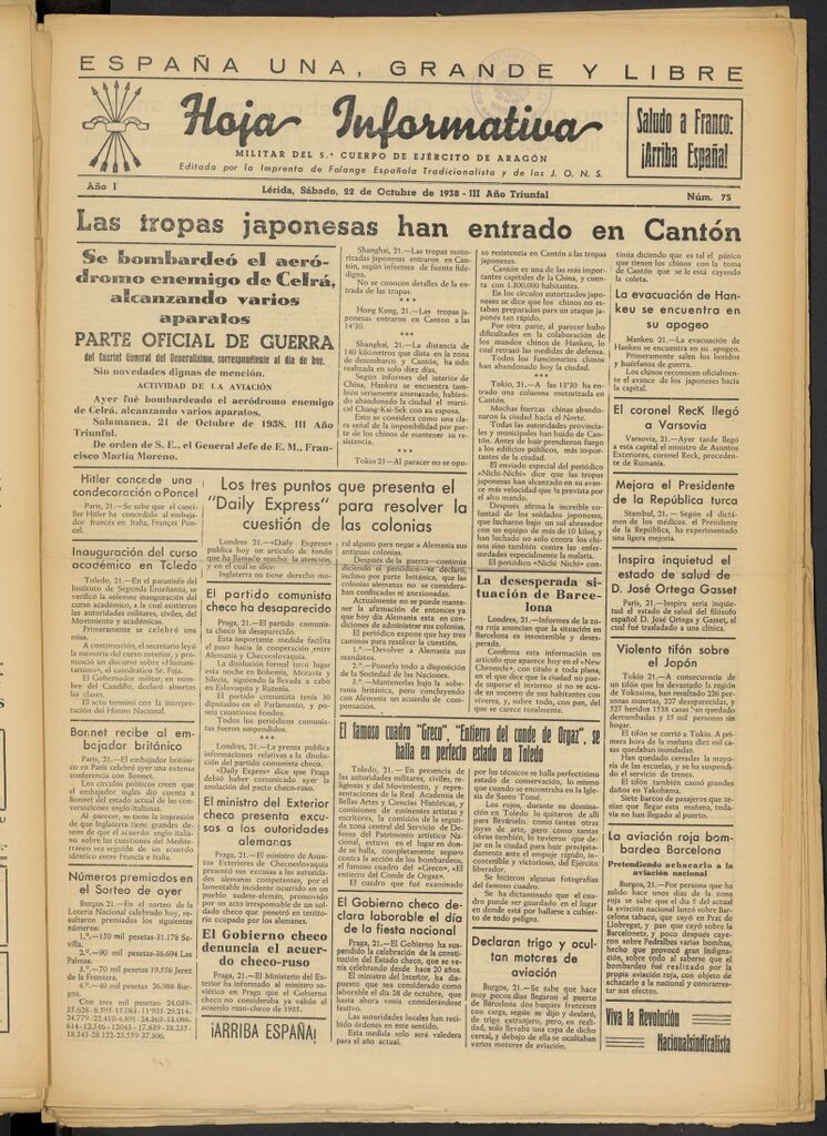 Miniatura de Hoja informativa : militar del 5º Cuerpo del Ejército de Aragón del 22 de octubre de 1938, nº 75