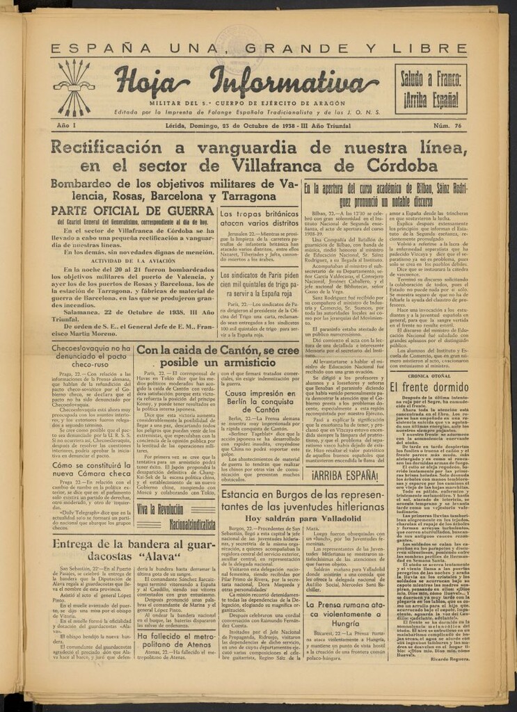 Miniatura de Hoja informativa : militar del 5º Cuerpo del Ejército de Aragón del 23 de octubre de 1938, nº 76