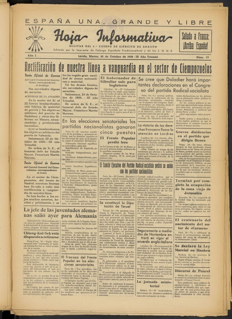 Miniatura de Hoja informativa : militar del 5º Cuerpo del Ejército de Aragón del 25 de octubre de 1938, nº 77