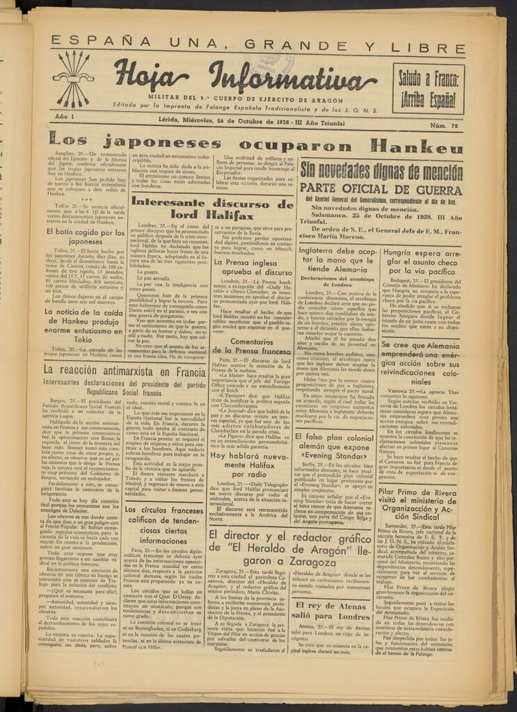 Miniatura de Hoja informativa : militar del 5º Cuerpo del Ejército de Aragón del 26 de octubre de 1938, nº 78