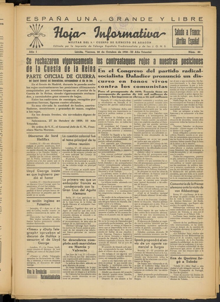 Miniatura de Hoja informativa : militar del 5º Cuerpo del Ejército de Aragón del 28 de octubre de 1938, nº 80