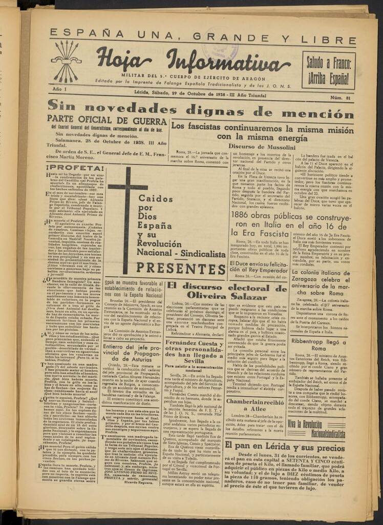 Miniatura de Hoja informativa : militar del 5º Cuerpo del Ejército de Aragón del 29 de octubre de 1938, nº 81
