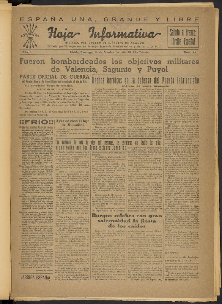 Miniatura de Hoja informativa : militar del 5º Cuerpo del Ejército de Aragón del 30 de octubre de 1938, nº 82