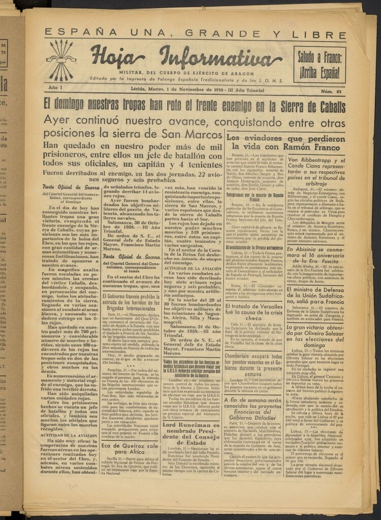 Miniatura de Hoja informativa : militar del 5º Cuerpo del Ejército de Aragón del 1 de noviembre de 1938, nº 83