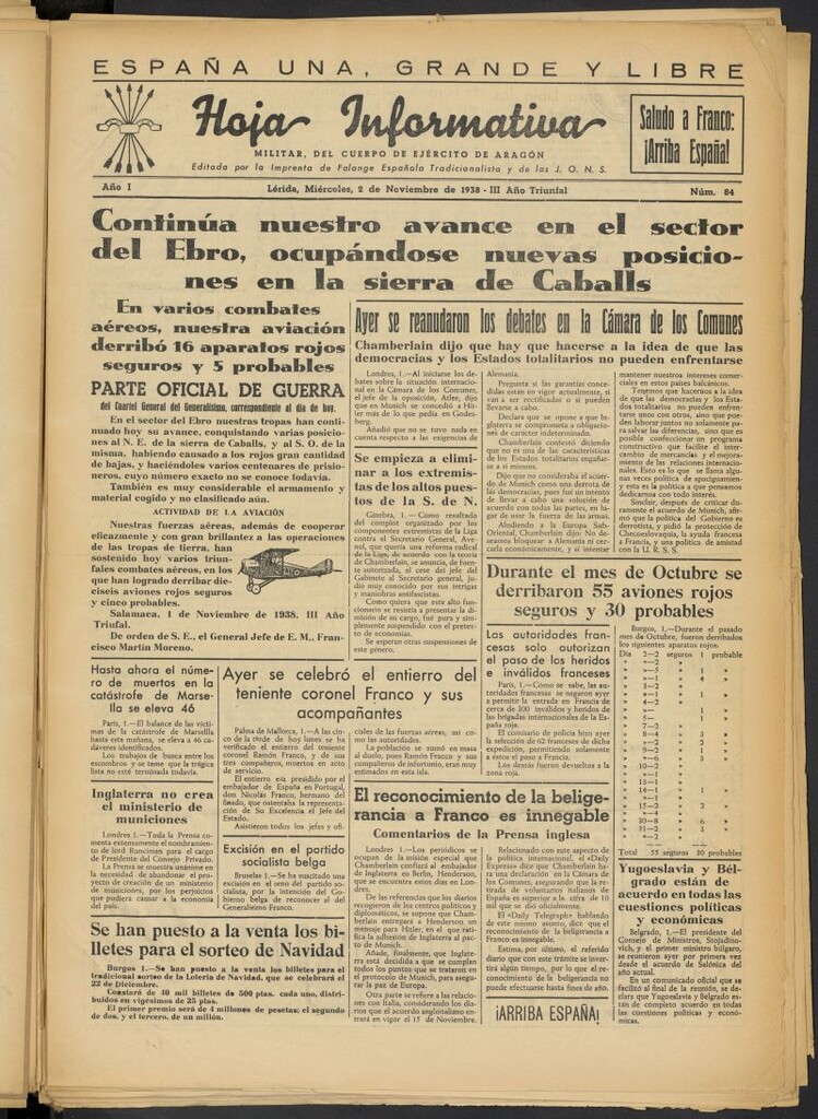 Miniatura de Hoja informativa : militar del 5º Cuerpo del Ejército de Aragón del 2 de noviembre de 1938, nº 84
