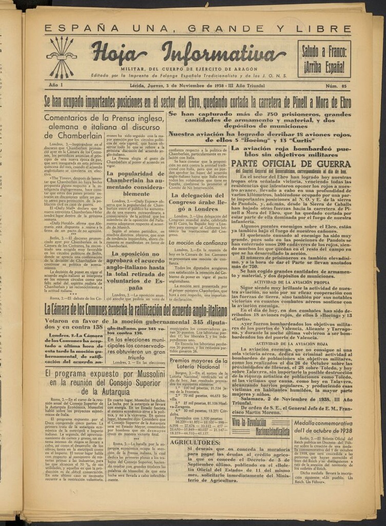 Miniatura de Hoja informativa : militar del 5º Cuerpo del Ejército de Aragón del 3 de noviembre de 1938, nº 85