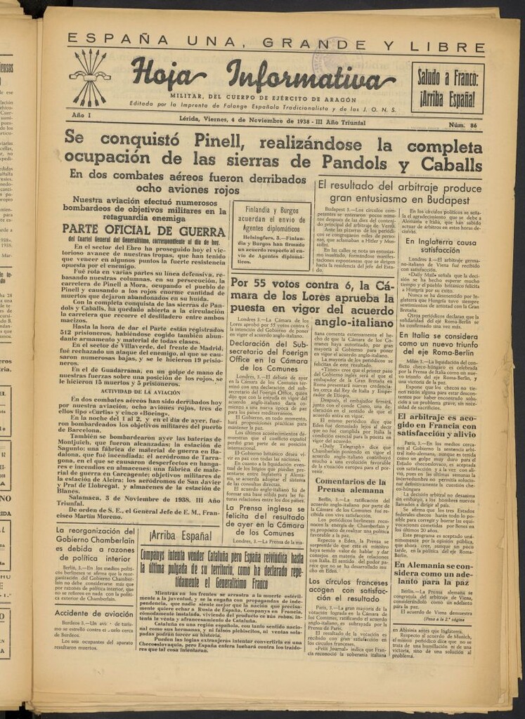Miniatura de Hoja informativa : militar del 5º Cuerpo del Ejército de Aragón del 4 de noviembre de 1938, nº 86