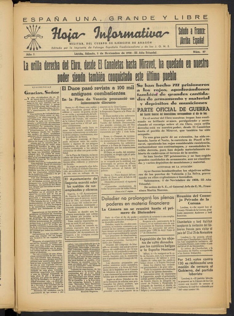 Miniatura de Hoja informativa : militar del 5º Cuerpo del Ejército de Aragón del 5 de noviembre de 1938, nº 87
