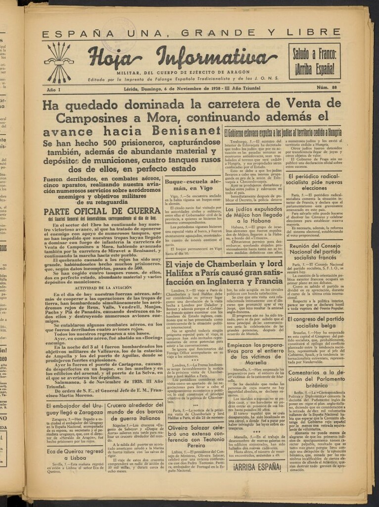 Miniatura de Hoja informativa : militar del 5º Cuerpo del Ejército de Aragón del 6 de noviembre de 1938, nº 88