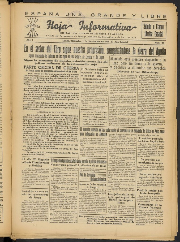 Miniatura de Hoja informativa : militar del 5º Cuerpo del Ejército de Aragón del 9 de noviembre de 1938, nº 89