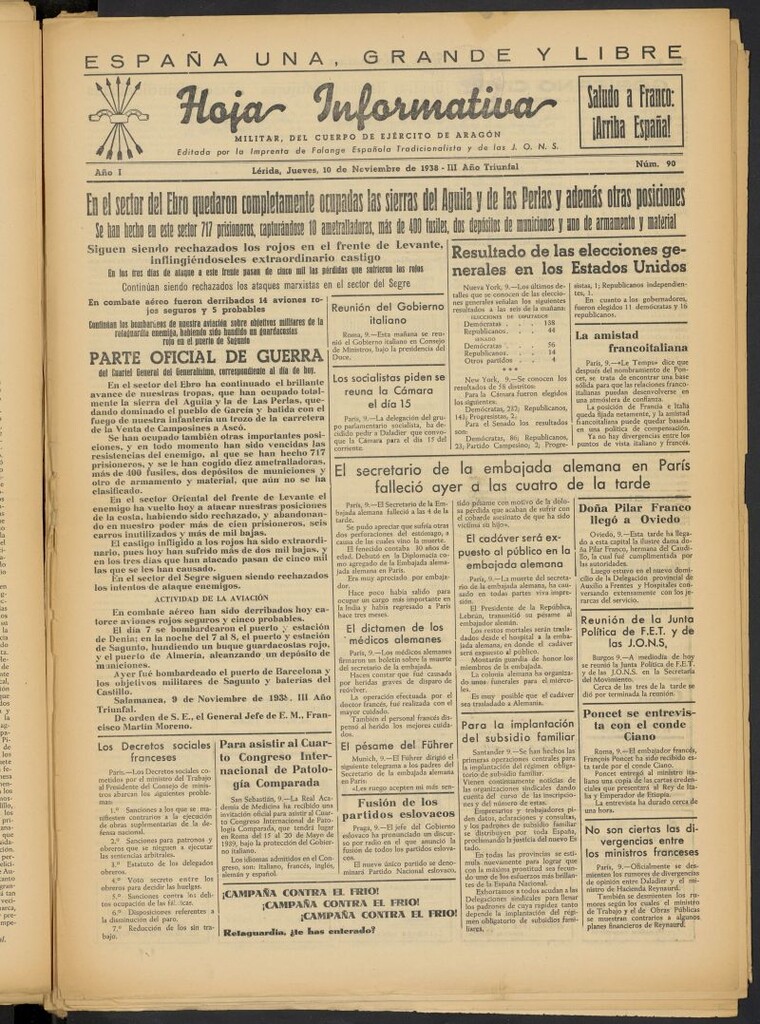 Miniatura de Hoja informativa : militar del 5º Cuerpo del Ejército de Aragón del 10 de noviembre de 1938, nº 90
