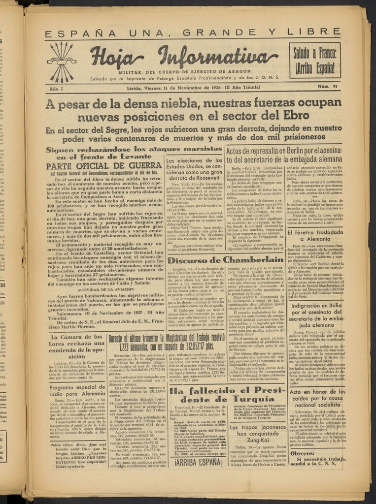 Miniatura de Hoja informativa : militar del 5º Cuerpo del Ejército de Aragón del 11 de noviembre de 1938, nº 91