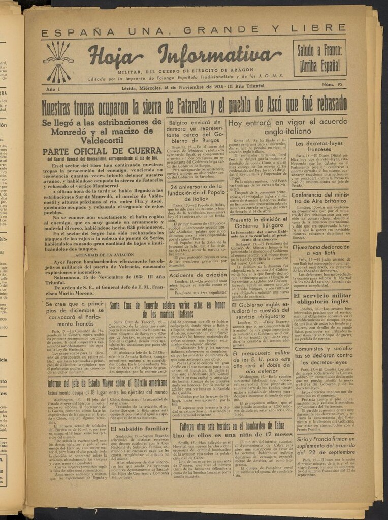 Miniatura de Hoja informativa : militar del 5º Cuerpo del Ejército de Aragón del 16 de noviembre de 1938, nº 95