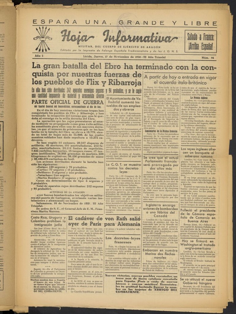 Miniatura de Hoja informativa : militar del 5º Cuerpo del Ejército de Aragón del 17 de noviembre de 1938, nº 96