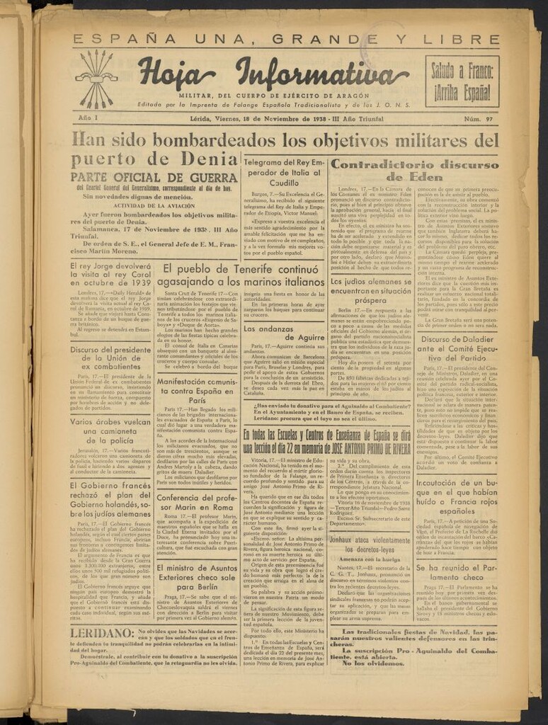 Miniatura de Hoja informativa : militar del 5º Cuerpo del Ejército de Aragón del 18 de noviembre de 1938, nº 97