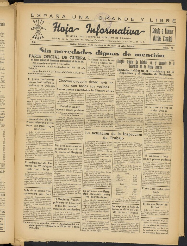Miniatura de Hoja informativa : militar del 5º Cuerpo del Ejército de Aragón del 19 de noviembre de 1938, nº 98