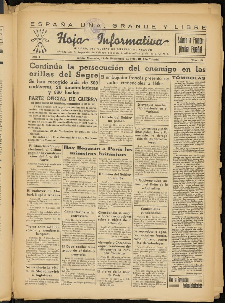 Miniatura de Hoja informativa : militar del 5º Cuerpo del Ejército de Aragón del 23 de noviembre de 1938, nº 101