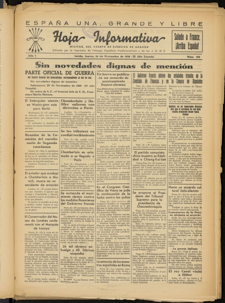 Miniatura de Hoja informativa : militar del 5º Cuerpo del Ejército de Aragón del 24 de noviembre de 1938, nº 102