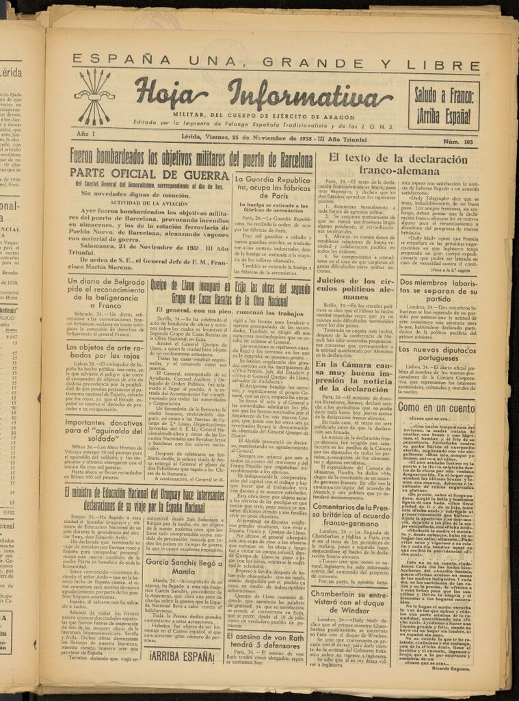 Miniatura de Hoja informativa : militar del 5º Cuerpo del Ejército de Aragón del 25 de noviembre de 1938, nº 103