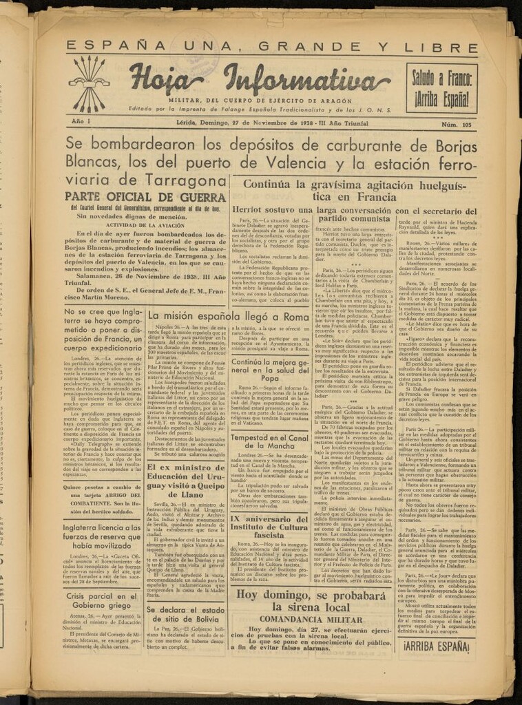 Miniatura de Hoja informativa : militar del 5º Cuerpo del Ejército de Aragón del 27 de noviembre de 1938, nº 105