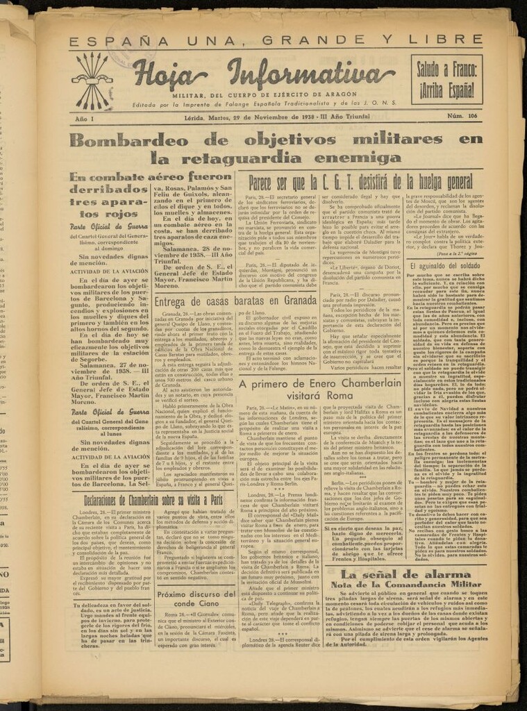 Miniatura de Hoja informativa : militar del 5º Cuerpo del Ejército de Aragón del 29 de noviembre de 1938, nº 106