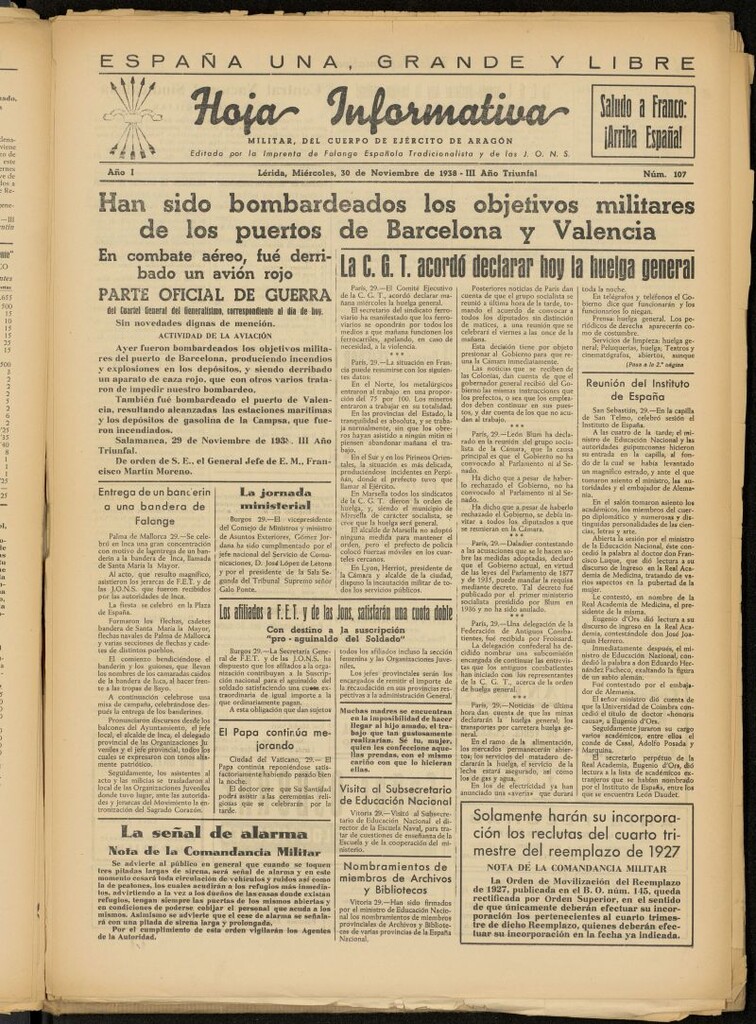 Miniatura de Hoja informativa : militar del 5º Cuerpo del Ejército de Aragón del 30 de noviembre de 1938, nº 107