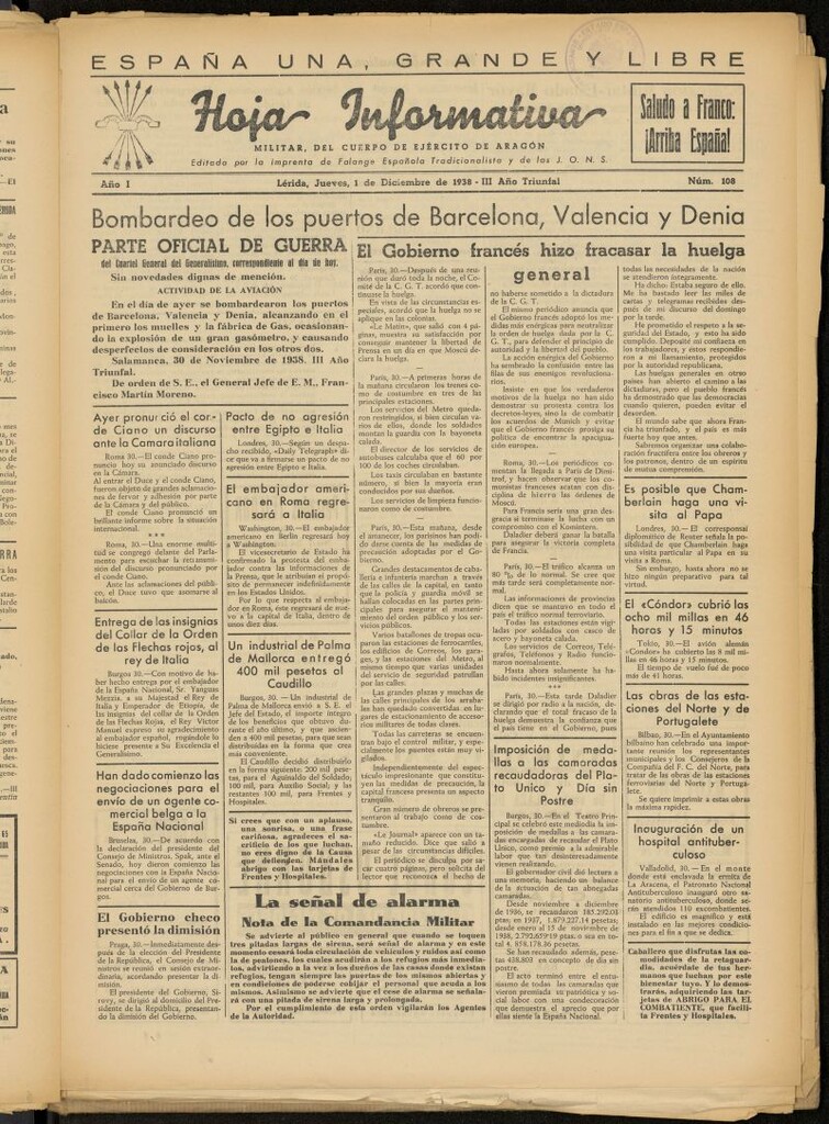 Miniatura de Hoja informativa : militar del 5º Cuerpo del Ejército de Aragón del 1 de diciembre de 1938, nº 108