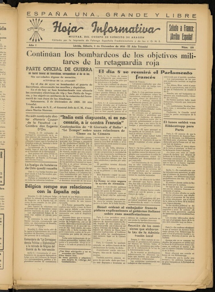Miniatura de Hoja informativa : militar del 5º Cuerpo del Ejército de Aragón del 3 de diciembre de 1938, nº 110