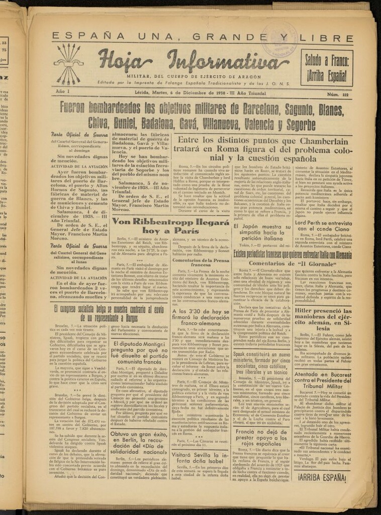 Miniatura de Hoja informativa : militar del 5º Cuerpo del Ejército de Aragón del 6 de diciembre de 1938, nº 112