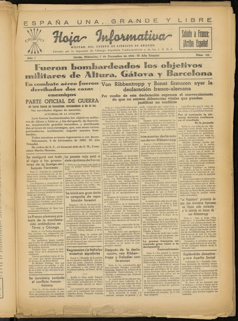 Miniatura de Hoja informativa : militar del 5º Cuerpo del Ejército de Aragón del 7 de diciembre de 1938, nº 113