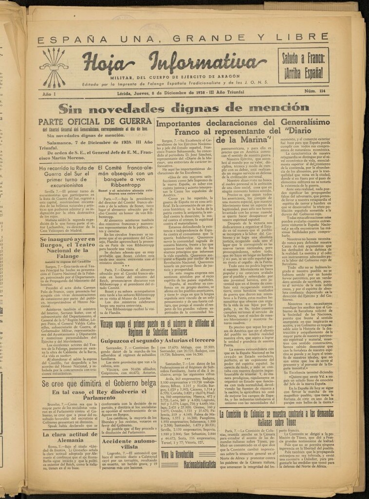 Miniatura de Hoja informativa : militar del 5º Cuerpo del Ejército de Aragón del 8 de diciembre de 1938, nº 114