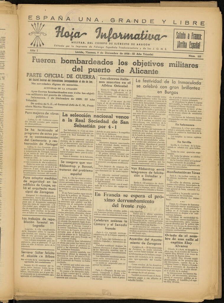 Miniatura de Hoja informativa : militar del 5º Cuerpo del Ejército de Aragón del 9 de diciembre de 1938, nº 115