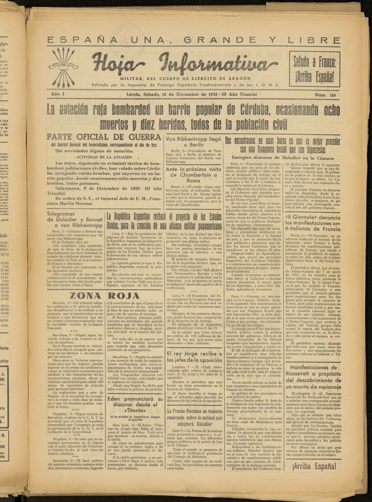 Miniatura de Hoja informativa : militar del 5º Cuerpo del Ejército de Aragón del 10 de diciembre de 1938, nº 116