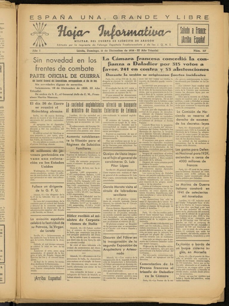 Miniatura de Hoja informativa : militar del 5º Cuerpo del Ejército de Aragón del 11 de diciembre de 1938, nº 117