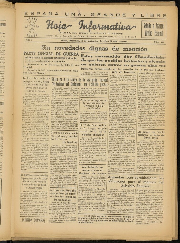 Miniatura de Hoja informativa : militar del 5º Cuerpo del Ejército de Aragón del 14 de diciembre de 1938, nº 119