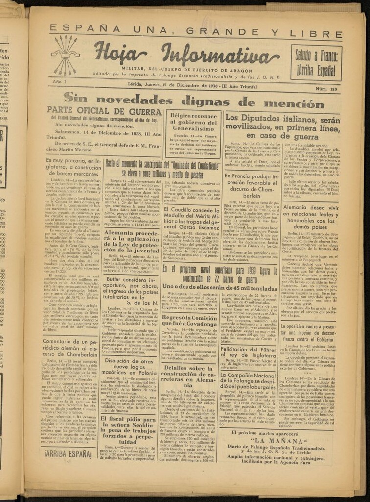 Miniatura de Hoja informativa : militar del 5º Cuerpo del Ejército de Aragón del 15 de diciembre de 1938, nº 120