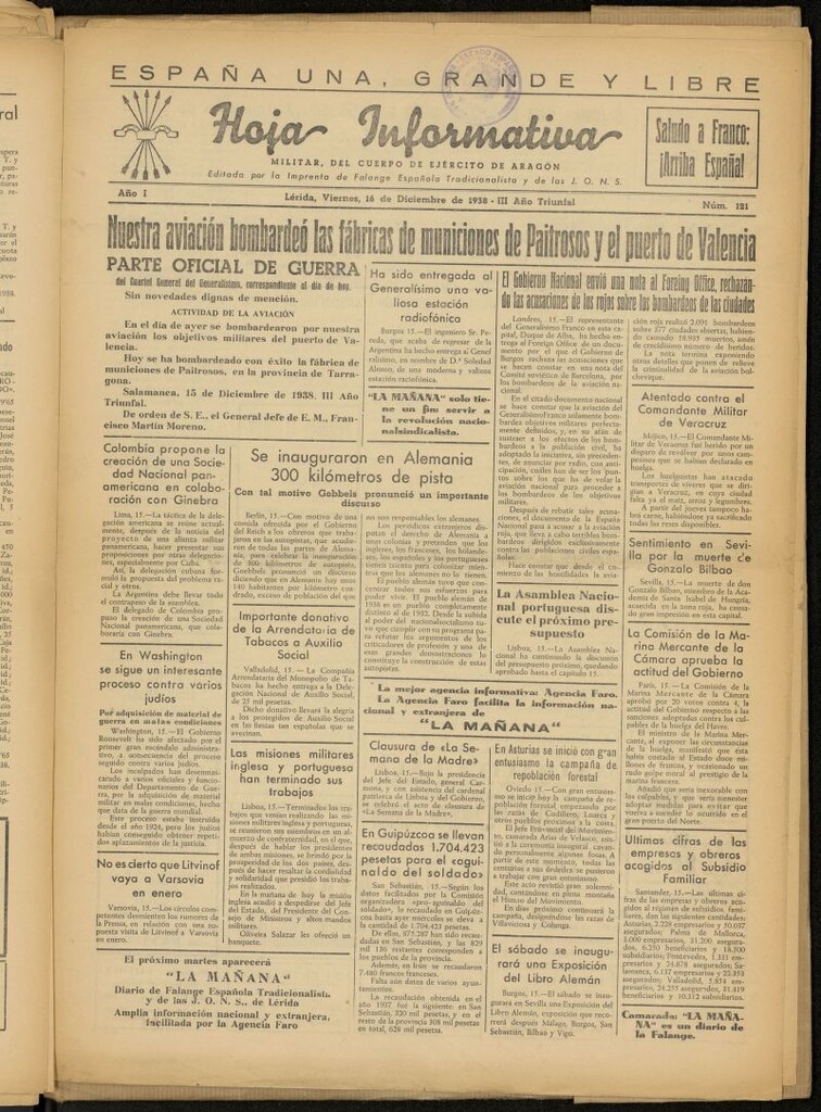 Miniatura de Hoja informativa : militar del 5º Cuerpo del Ejército de Aragón del 16 de diciembre de 1938, nº 121