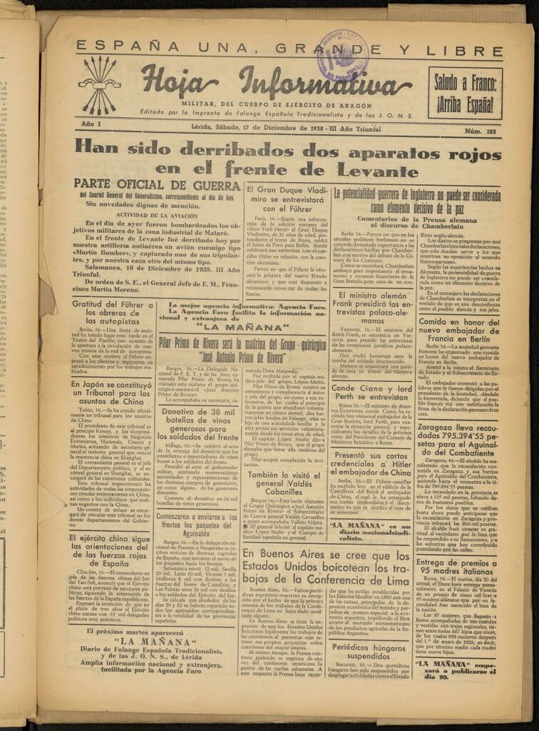 Miniatura de Hoja informativa : militar del 5º Cuerpo del Ejército de Aragón del 17 de diciembre de 1938, nº 122