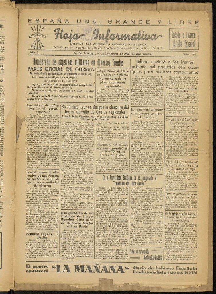 Miniatura de Hoja informativa : militar del 5º Cuerpo del Ejército de Aragón del 18 de diciembre de 1938, nº 123