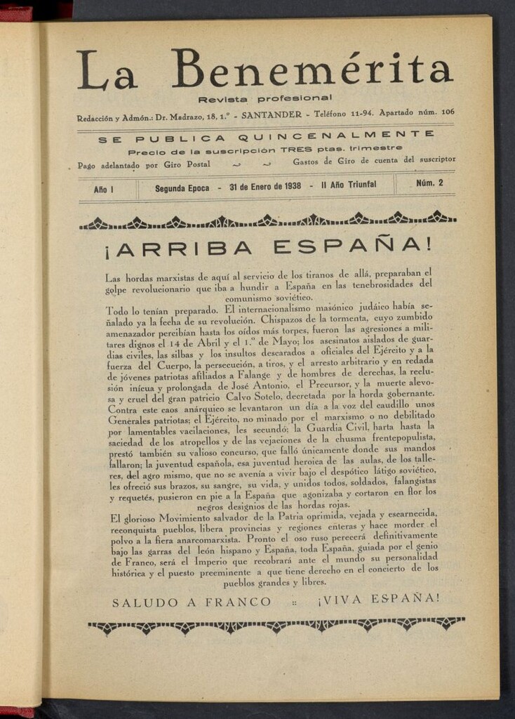 Miniatura de La Benemerita : revista profesional del 31 de enero de 1938, nº 2