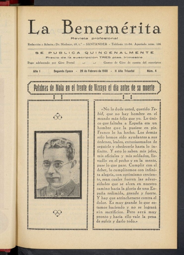 Miniatura de La Benemerita : revista profesional del 28 de febrero de 1938, nº 4
