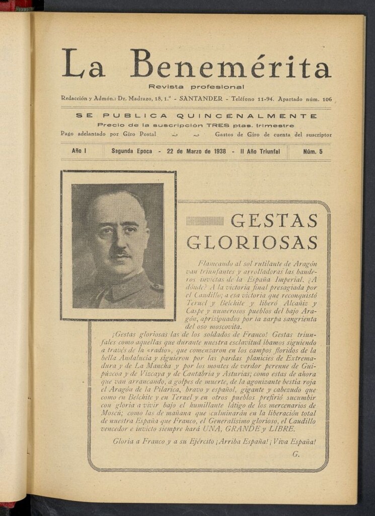 Miniatura de La Benemerita : revista profesional del 22 de marzo de 1938, nº 5