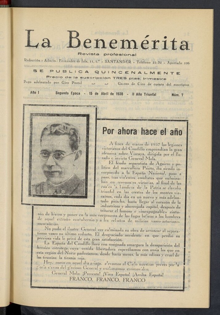 Miniatura de La Benemerita : revista profesional del 15 de abril de 1938, nº 7