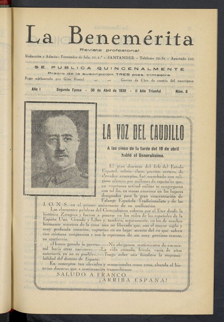 Miniatura de La Benemerita : revista profesional del 30 de abril de 1938, nº 8